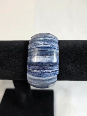 Chunky Segment Style Cuff Bracelet Blue Marbled Rectangular Panels Stretch